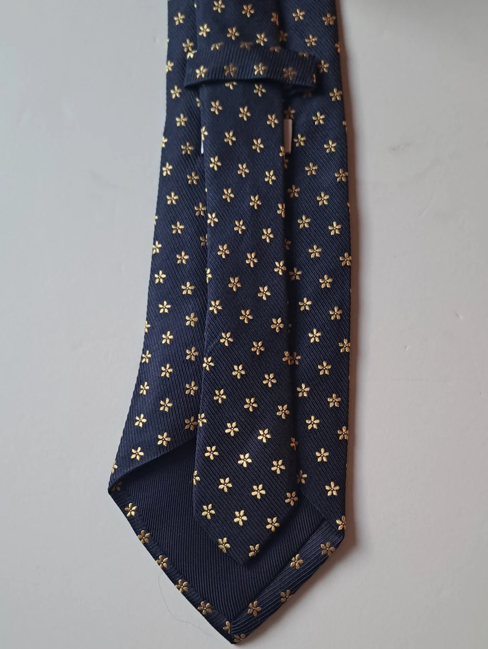Barneys New York Navy Tie with Gold Floral Dots